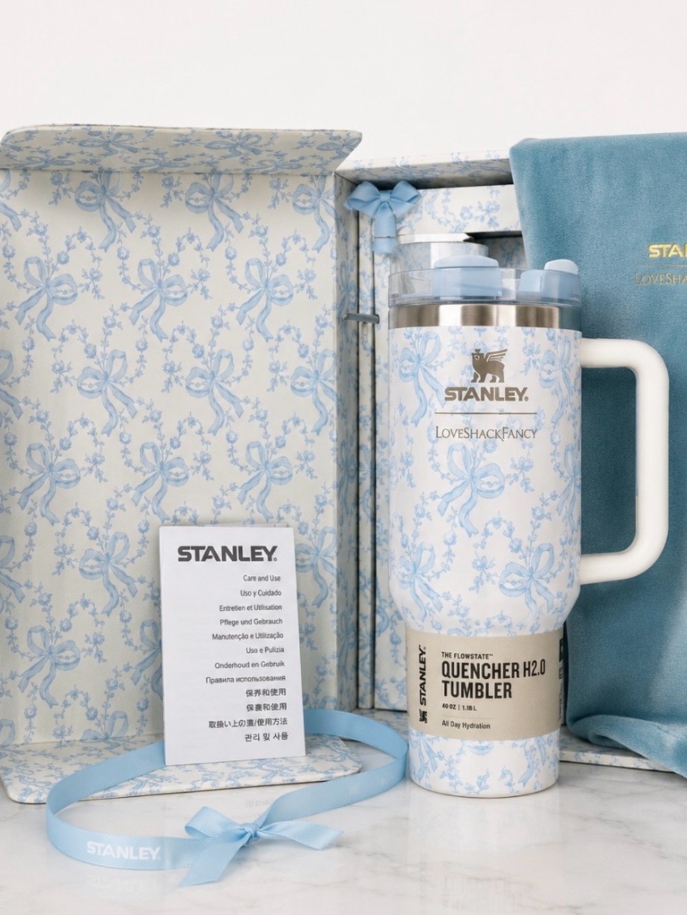 Stanley White and Light Blue Ribbon-Print Quencher Tumbler